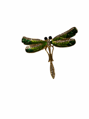 Green enamel and rhinestone gold tone fashion pin retro style New.